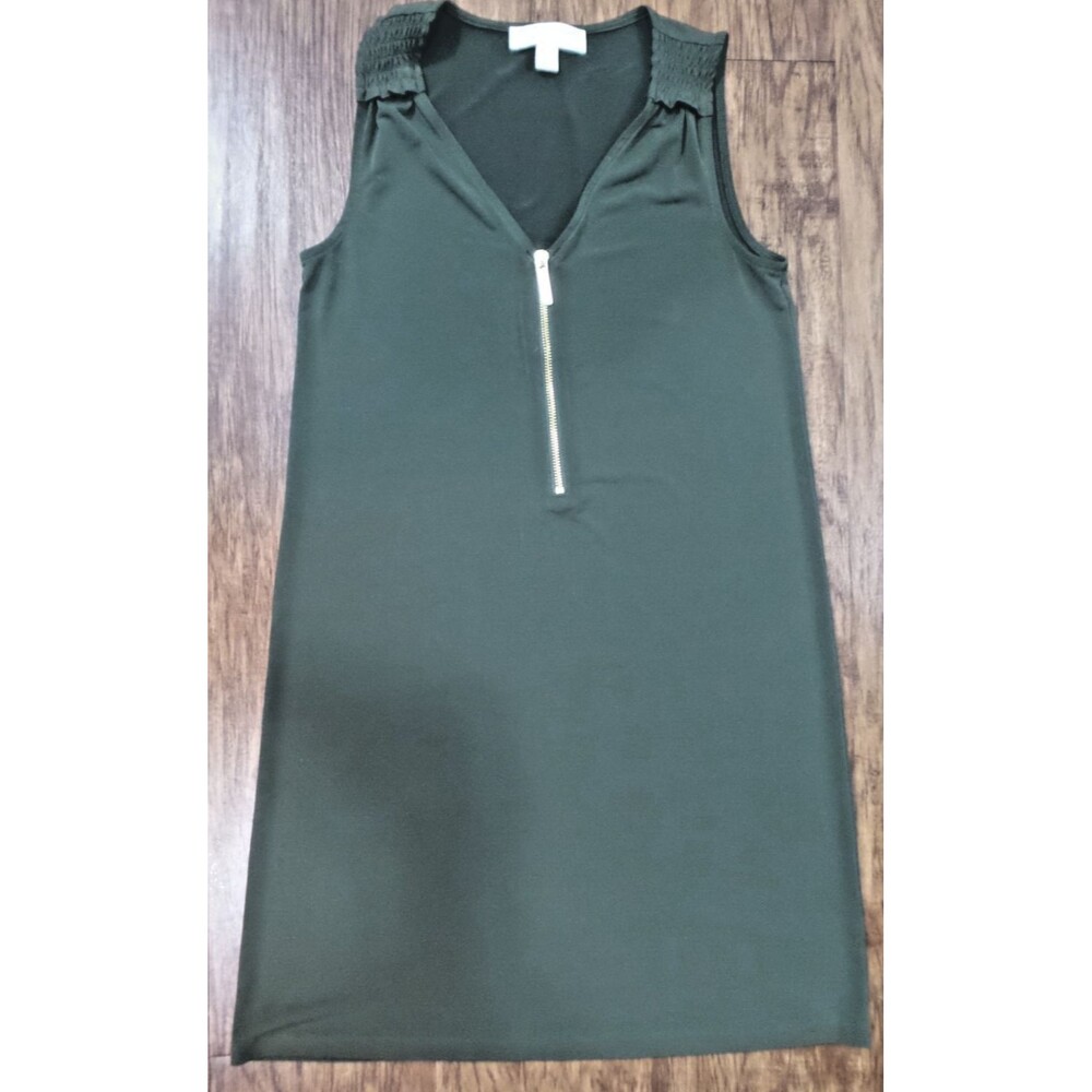Michael Kors Green Metallic Knee Length Dress Women's XS Sleeveless Gold Zip